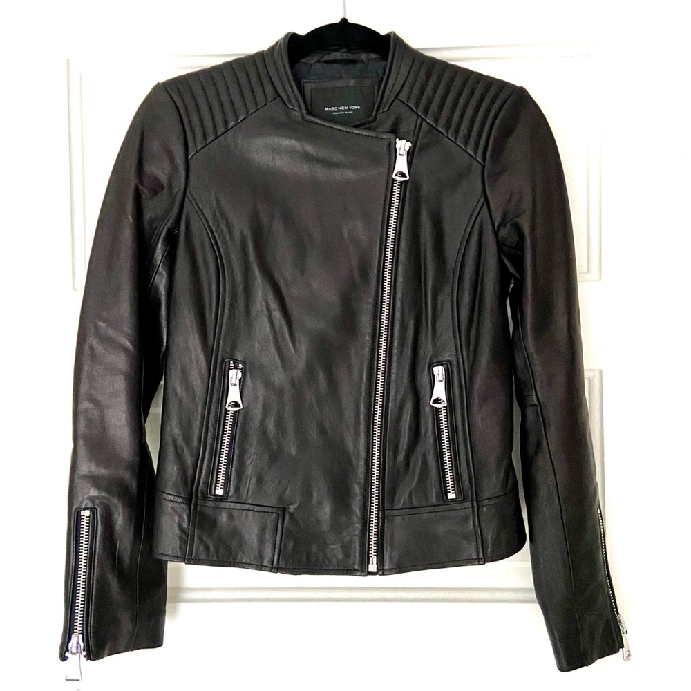 Marc New York Andrew Marc Black Leather Moto Biker Jacket XS Asymmetrical Zip